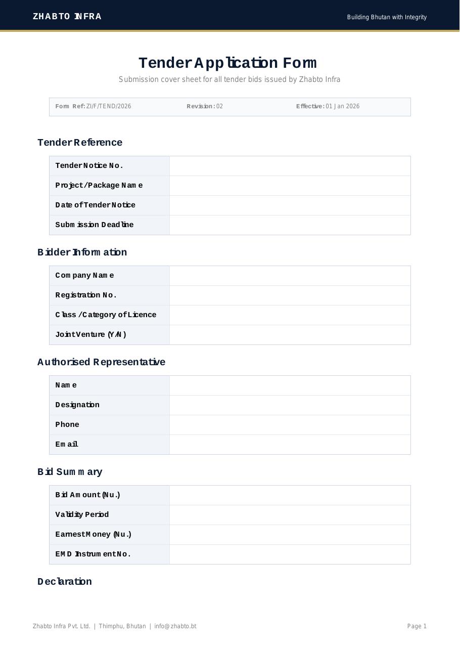 Tender Application Form preview